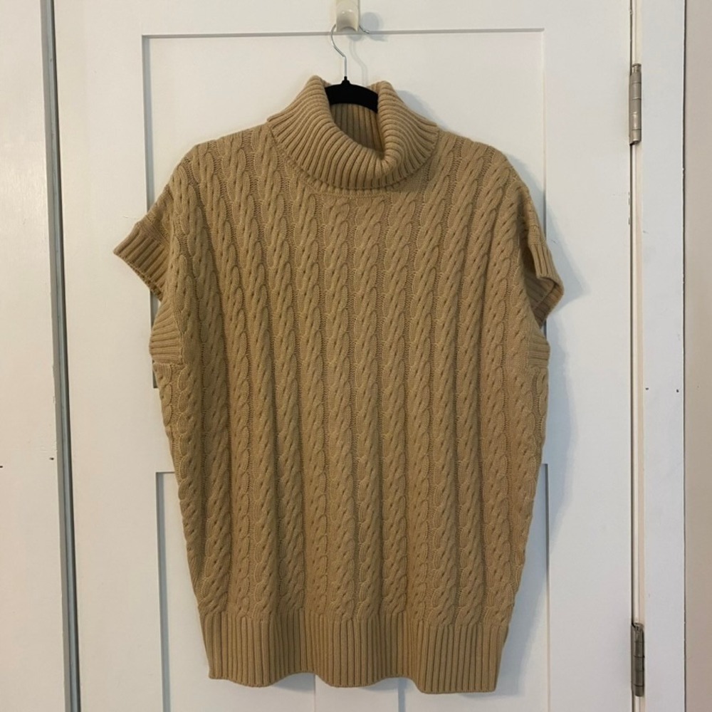 Calvin Klein Boho Cable Knit Turtleneck Vest M Tan‎ Academia Minimalist Chunky